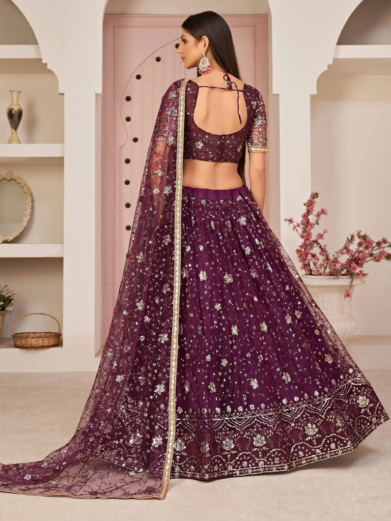 Wonderful Wine Thread Embroidered Net Festive Wear Lehenga Choli
