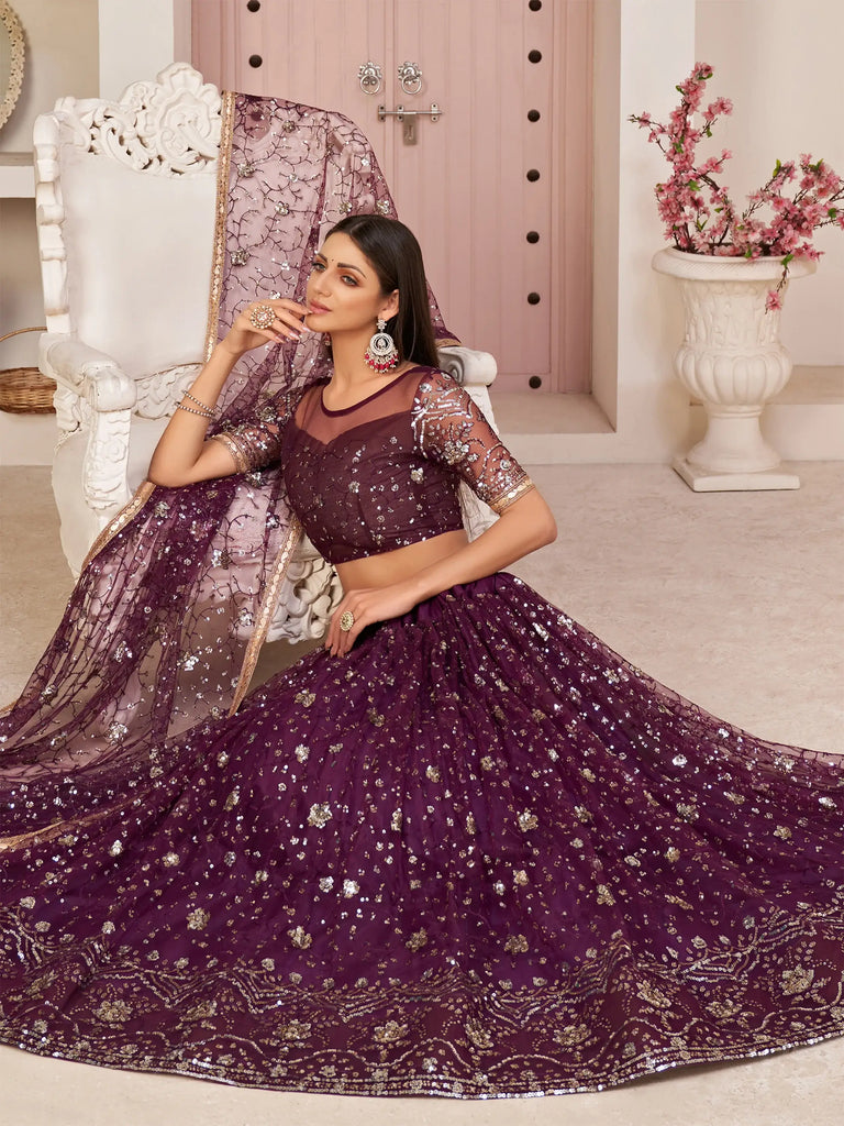 Wonderful Wine Thread Embroidered Net Festive Wear Lehenga Choli
