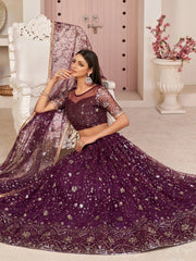 Wonderful Wine Thread Embroidered Net Festive Wear Lehenga Choli