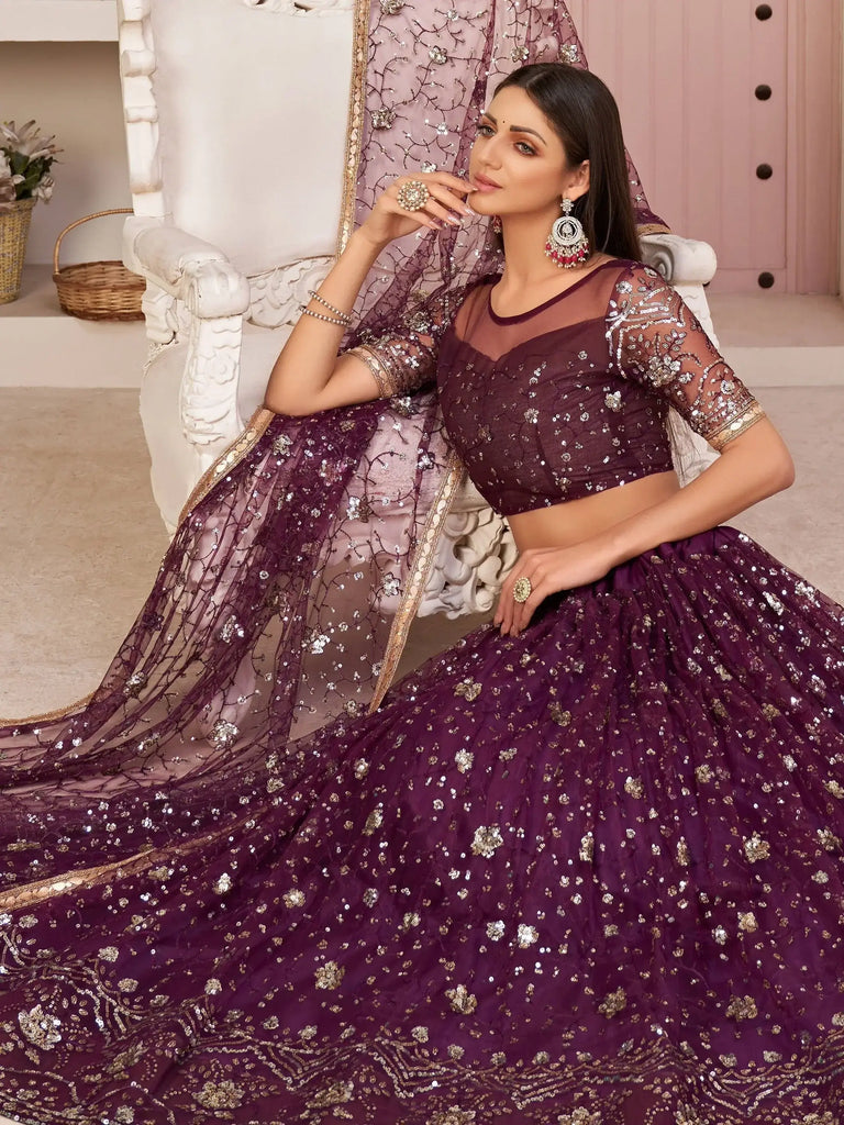 Wonderful Wine Thread Embroidered Net Festive Wear Lehenga Choli
