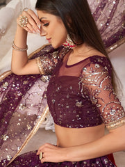 Wonderful Wine Thread Embroidered Net Festive Wear Lehenga Choli
