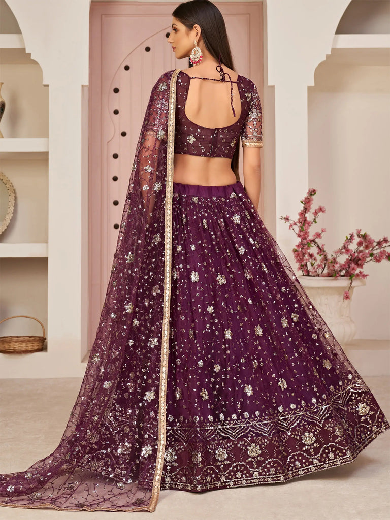 Wonderful Wine Thread Embroidered Net Festive Wear Lehenga Choli