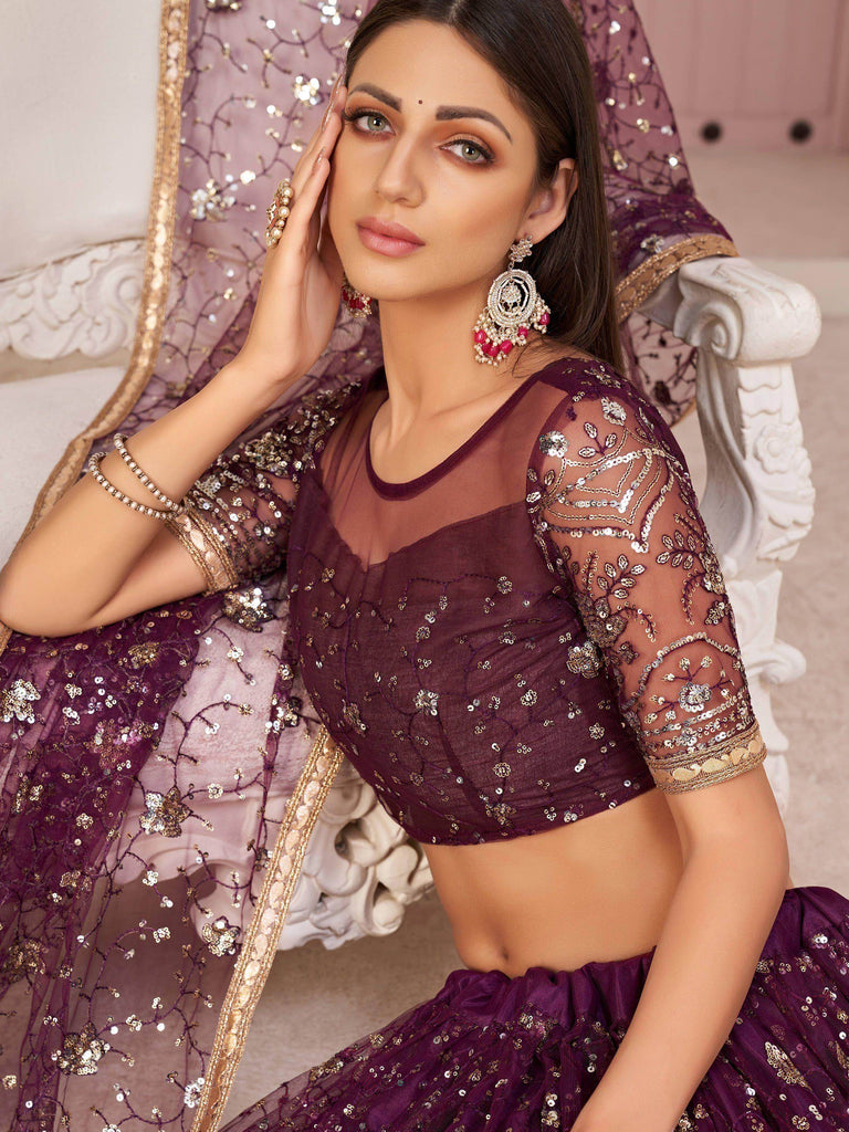 Wonderful Wine Thread Embroidered Net Festive Wear Lehenga Choli