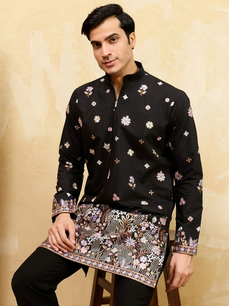 Charming Black Embroidered Silk Festival Wear Men’s Kurta