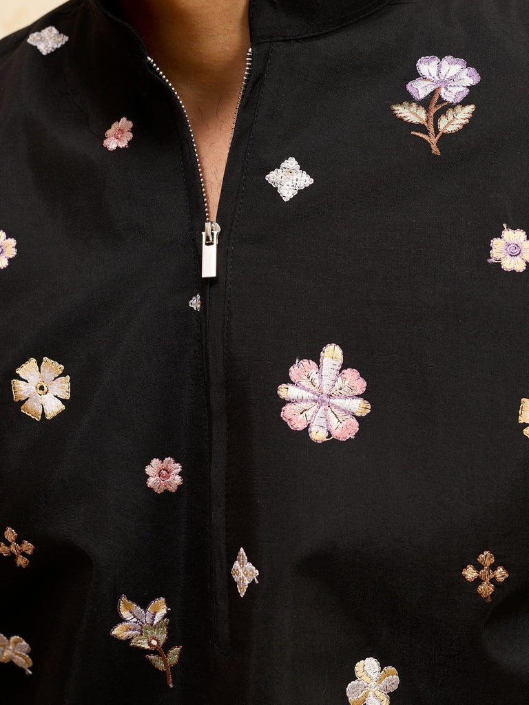 Charming Black Embroidered Silk Festival Wear Men’s Kurta
