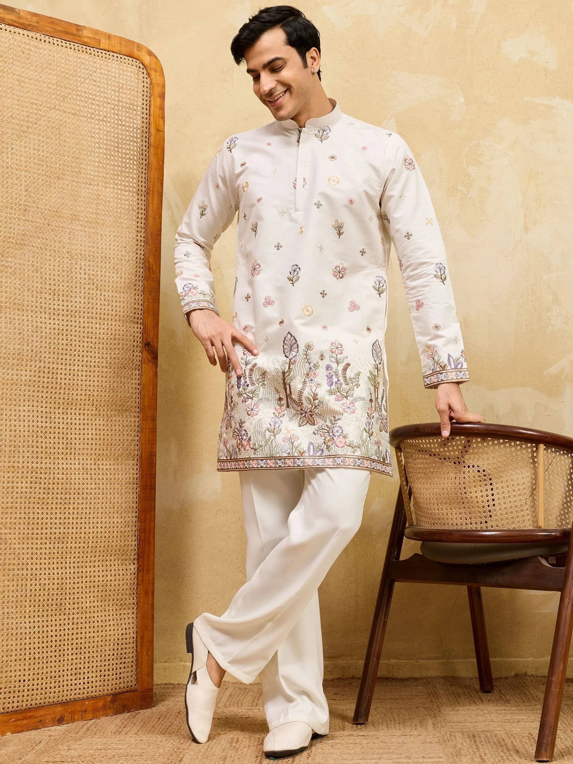 Dazzling Off-White Embroidered Silk Wedding Wear Men’s Kurta