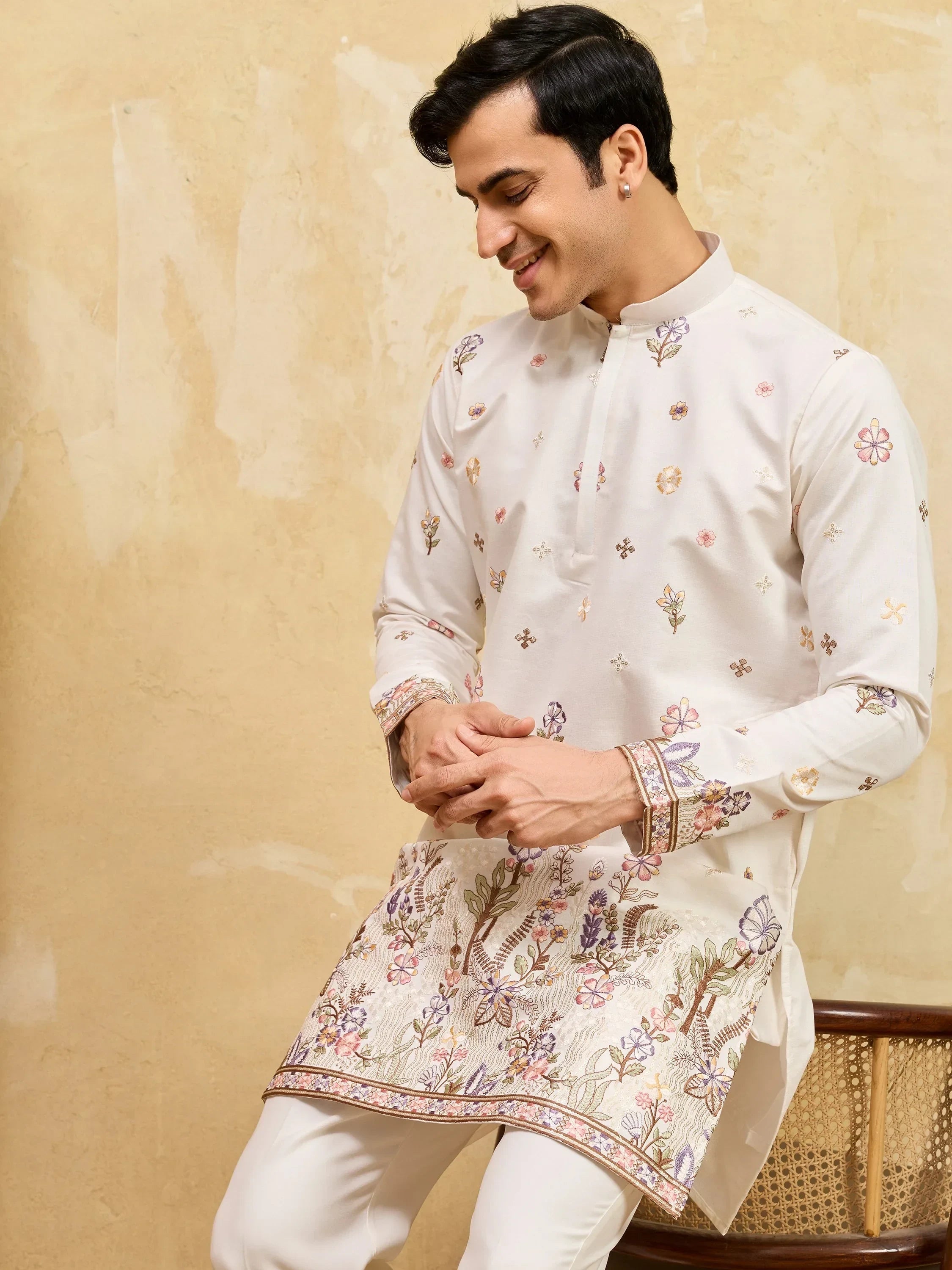 Dazzling Off-White Embroidered Silk Wedding Wear Men’s Kurta