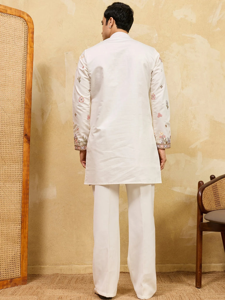 Dazzling Off-White Embroidered Silk Wedding Wear Men’s Kurta