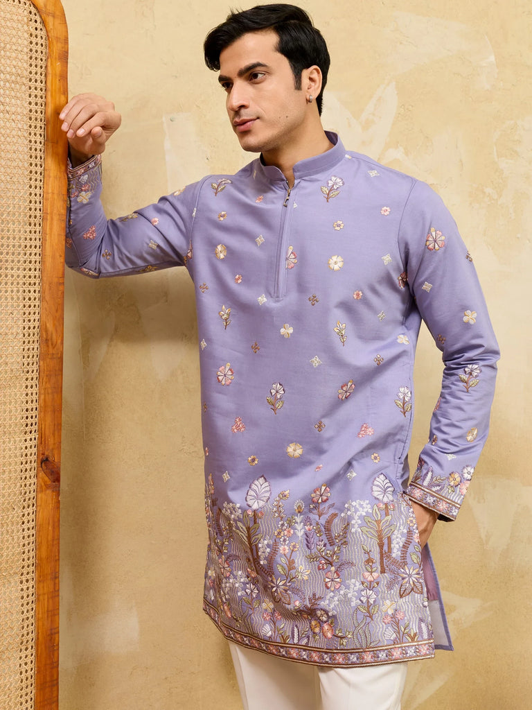 Stunning Lavender Embroidered Silk Function Wear Men’s Kurta