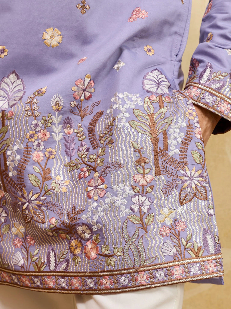 Stunning Lavender Embroidered Silk Function Wear Men’s Kurta