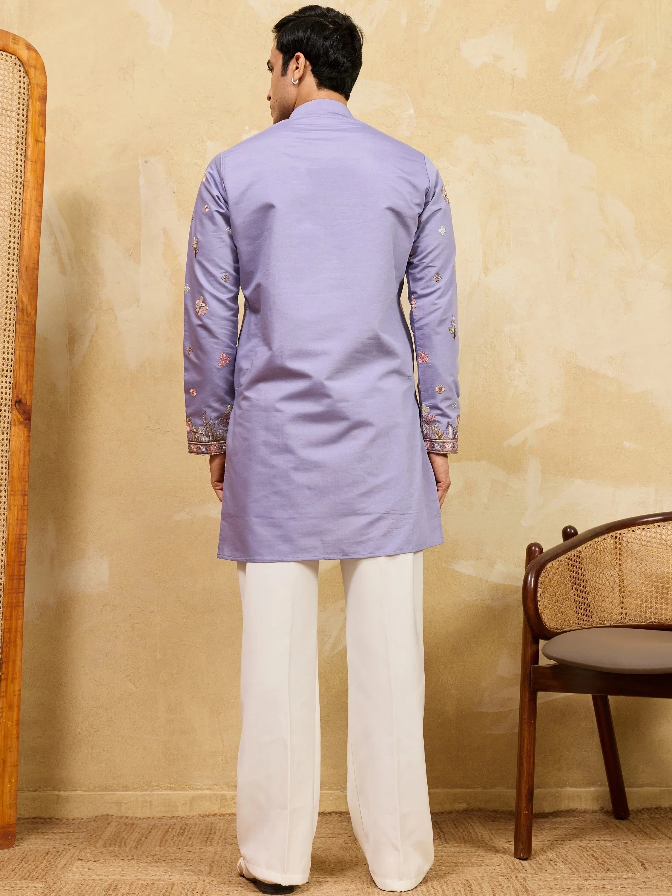 Stunning Lavender Embroidered Silk Function Wear Men’s Kurta