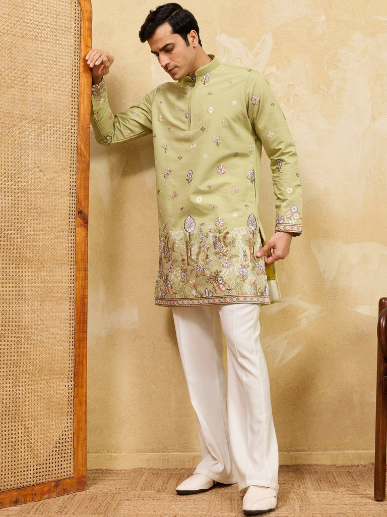 Impressive Green Embroidered Silk Festival Wear Men’s Kurta