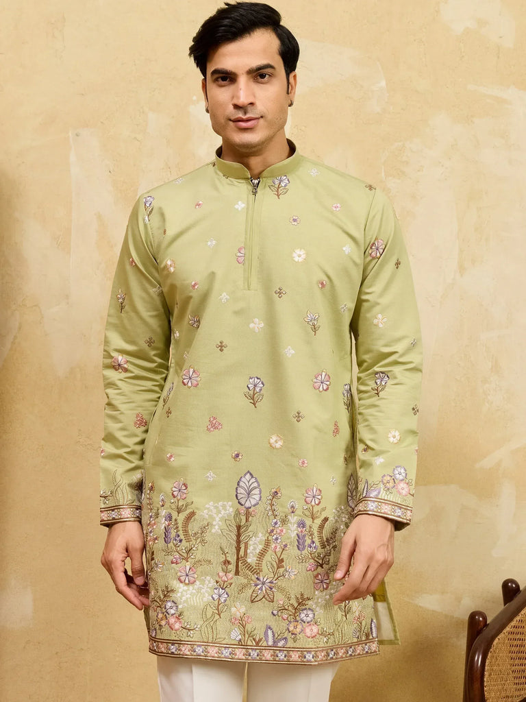 Impressive Green Embroidered Silk Festival Wear Men’s Kurta
