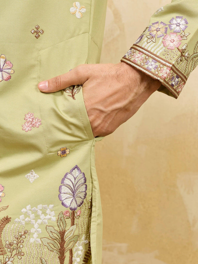 Impressive Green Embroidered Silk Festival Wear Men’s Kurta