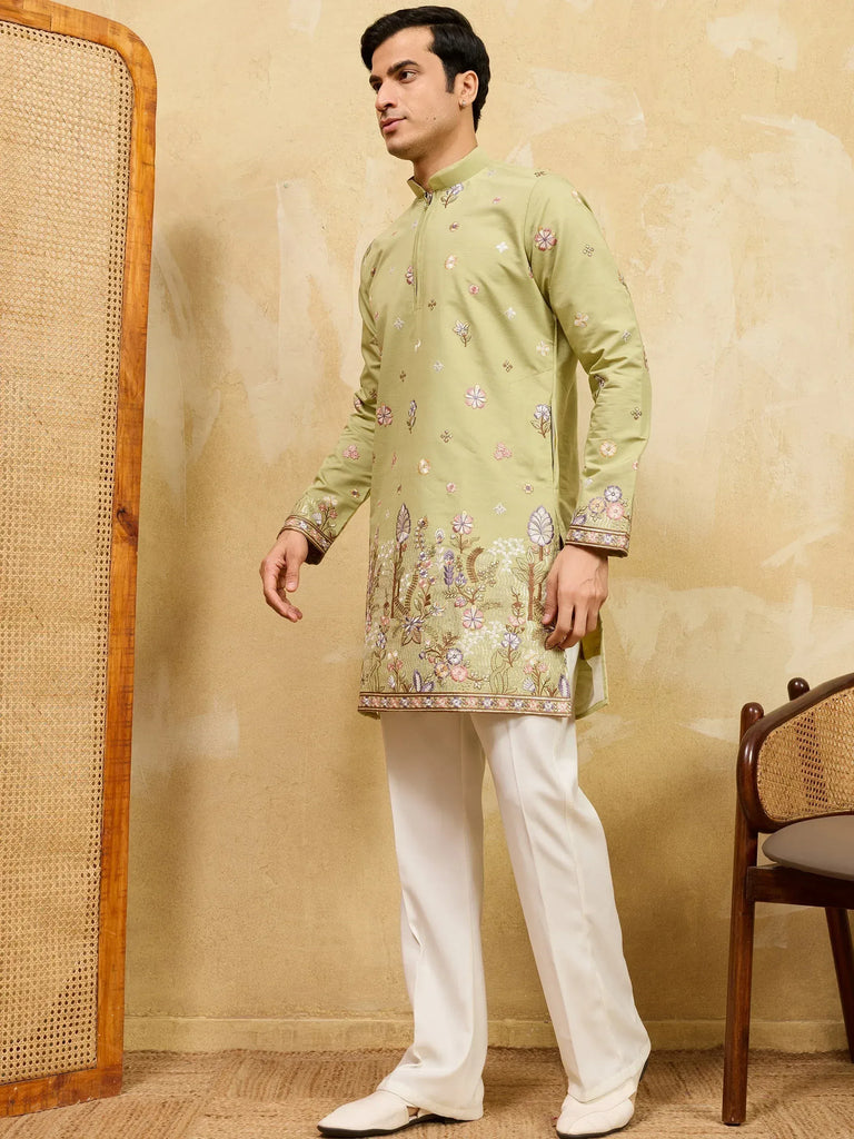 Impressive Green Embroidered Silk Festival Wear Men’s Kurta