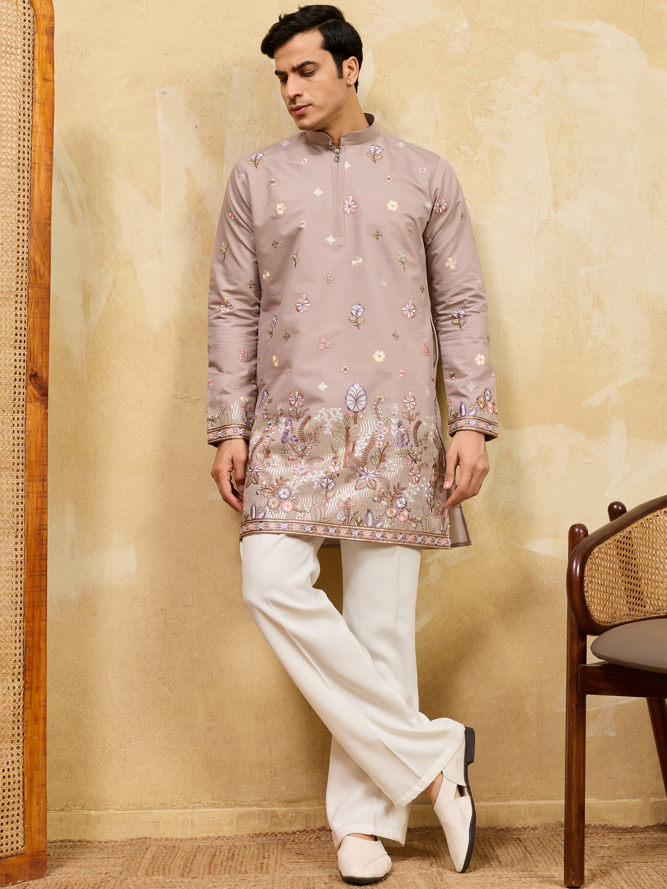 Attractive Beige Embroidered Silk Function Wear Men’s Kurta