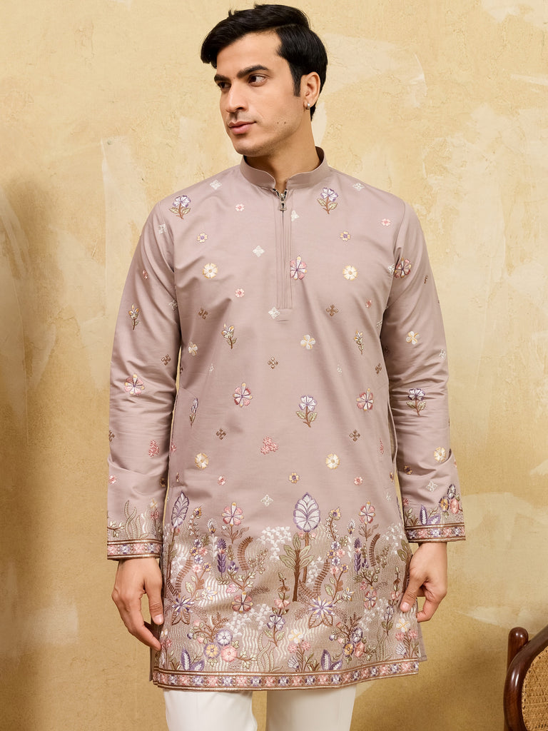 Attractive Beige Embroidered Silk Function Wear Men’s Kurta