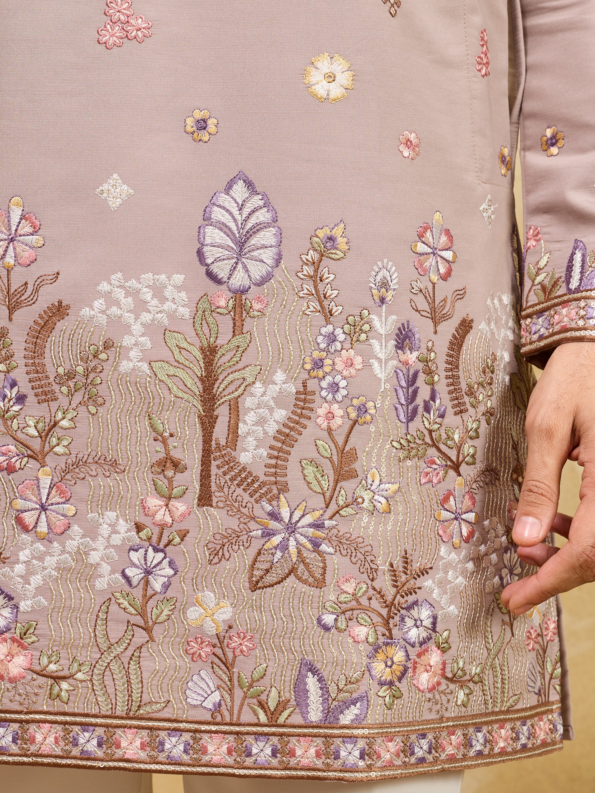 Attractive Beige Embroidered Silk Function Wear Men’s Kurta