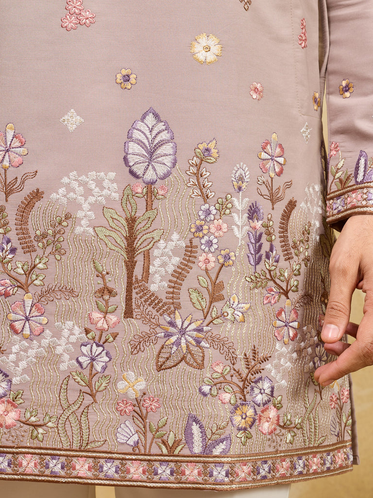 Attractive Beige Embroidered Silk Function Wear Men’s Kurta