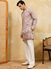 Attractive Beige Embroidered Silk Function Wear Men’s Kurta