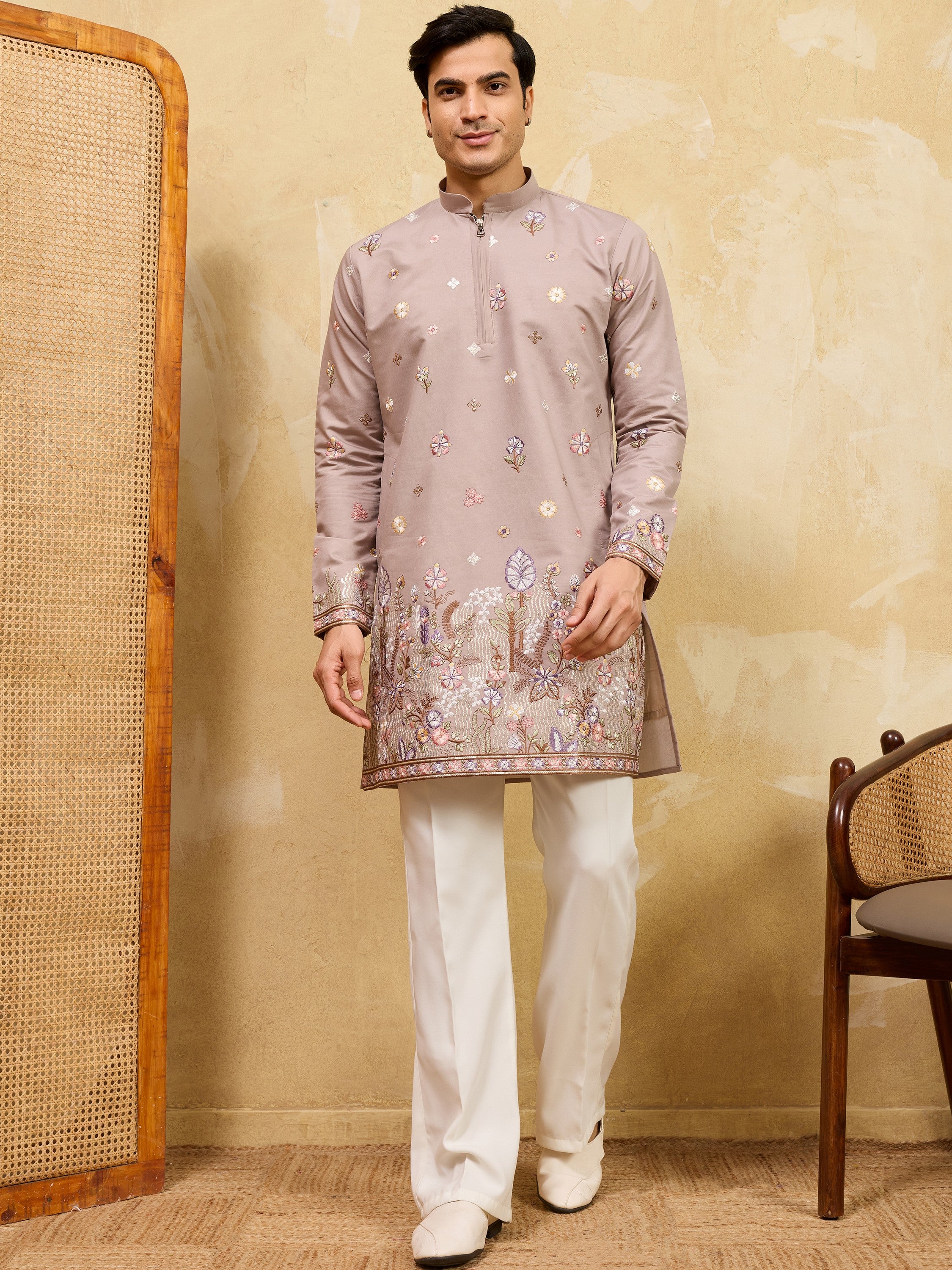 Attractive Beige Embroidered Silk Function Wear Men’s Kurta