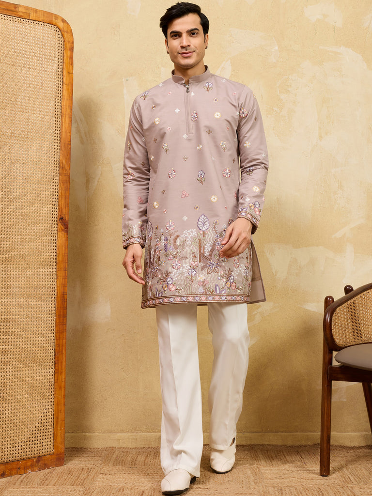 Attractive Beige Embroidered Silk Function Wear Men’s Kurta