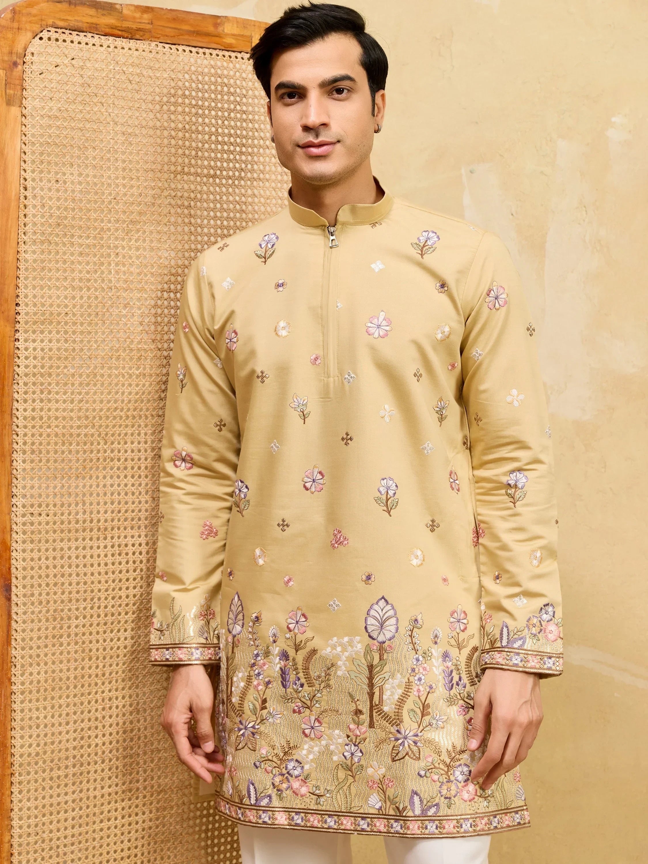 Awesome Yellow Embroidered Silk Wedding Wear Men’s Kurta
