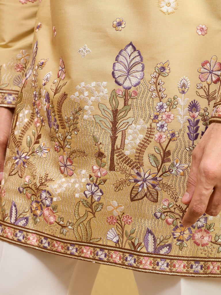 Awesome Yellow Embroidered Silk Wedding Wear Men’s Kurta