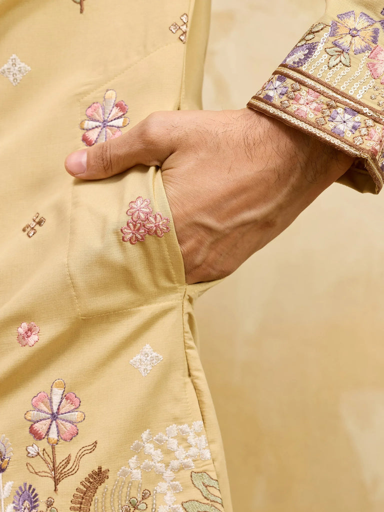 Awesome Yellow Embroidered Silk Wedding Wear Men’s Kurta
