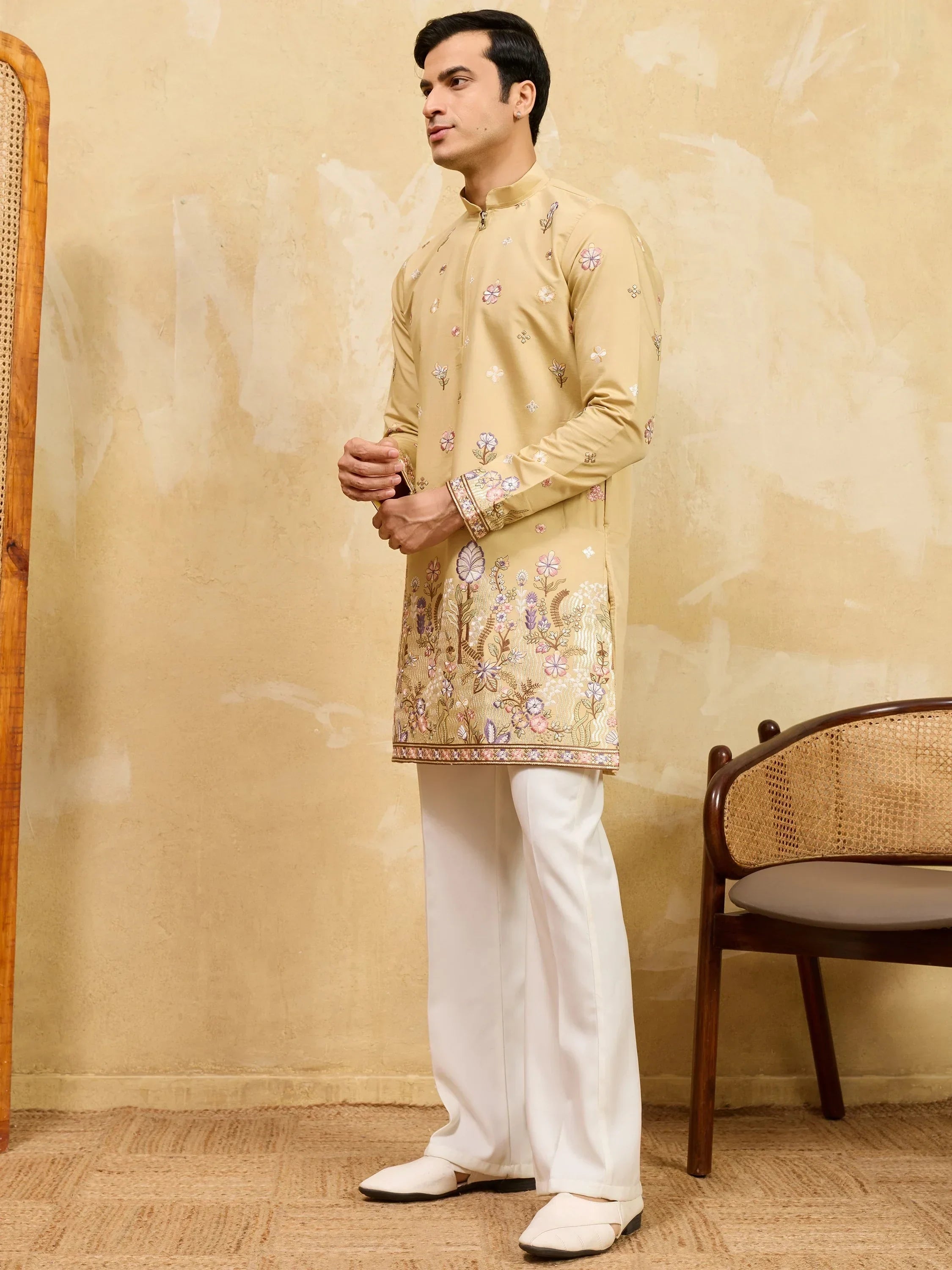 Awesome Yellow Embroidered Silk Wedding Wear Men’s Kurta