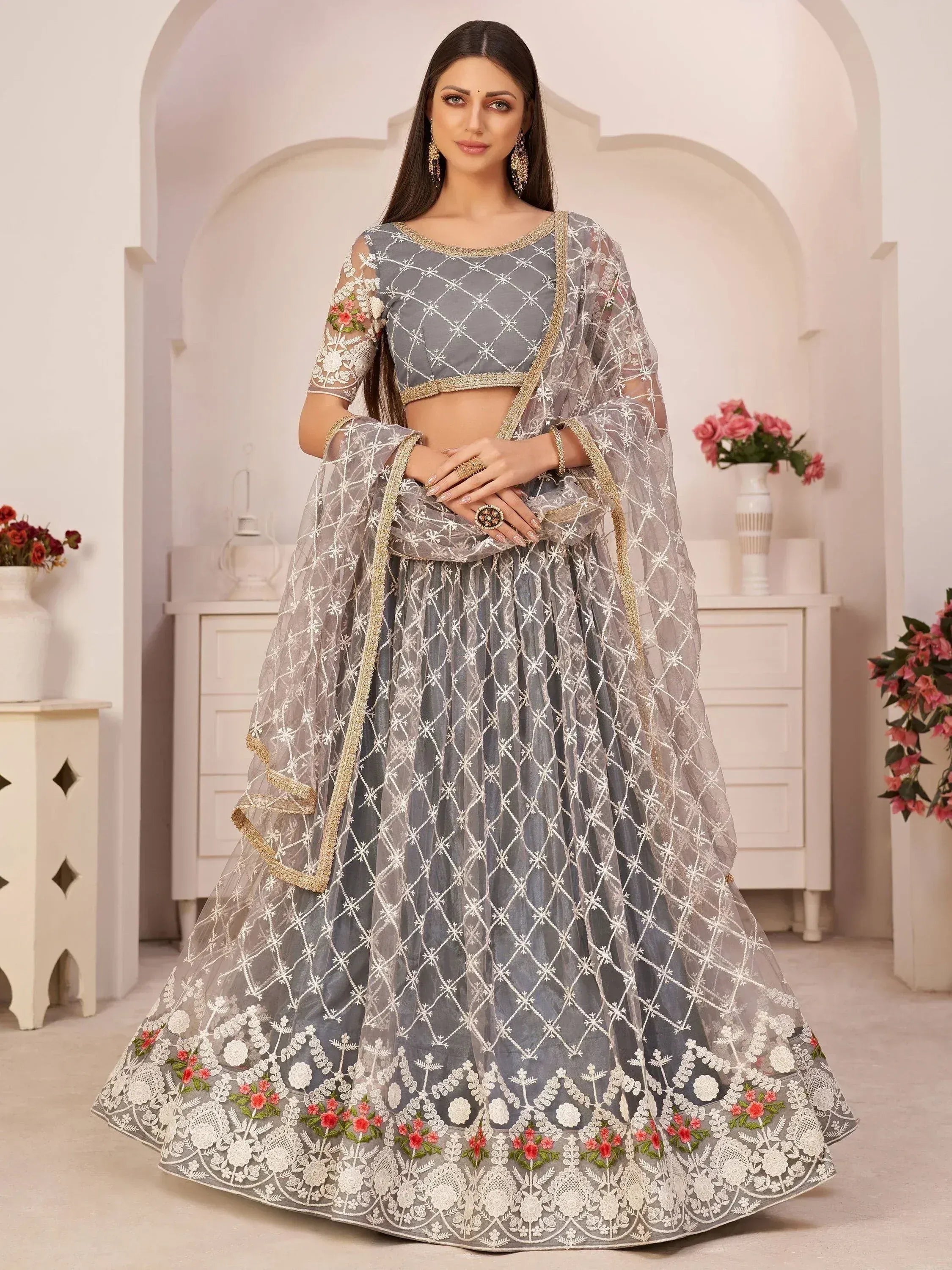 Grey designer lehenga choli with floral embroidery and net dupatta for Indian ethnic wear