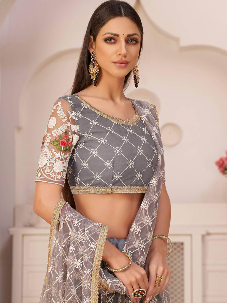Unique Grey Thread Embroidered Net Festive Wear Lehenga Choli