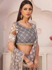 Unique Grey Thread Embroidered Net Festive Wear Lehenga Choli