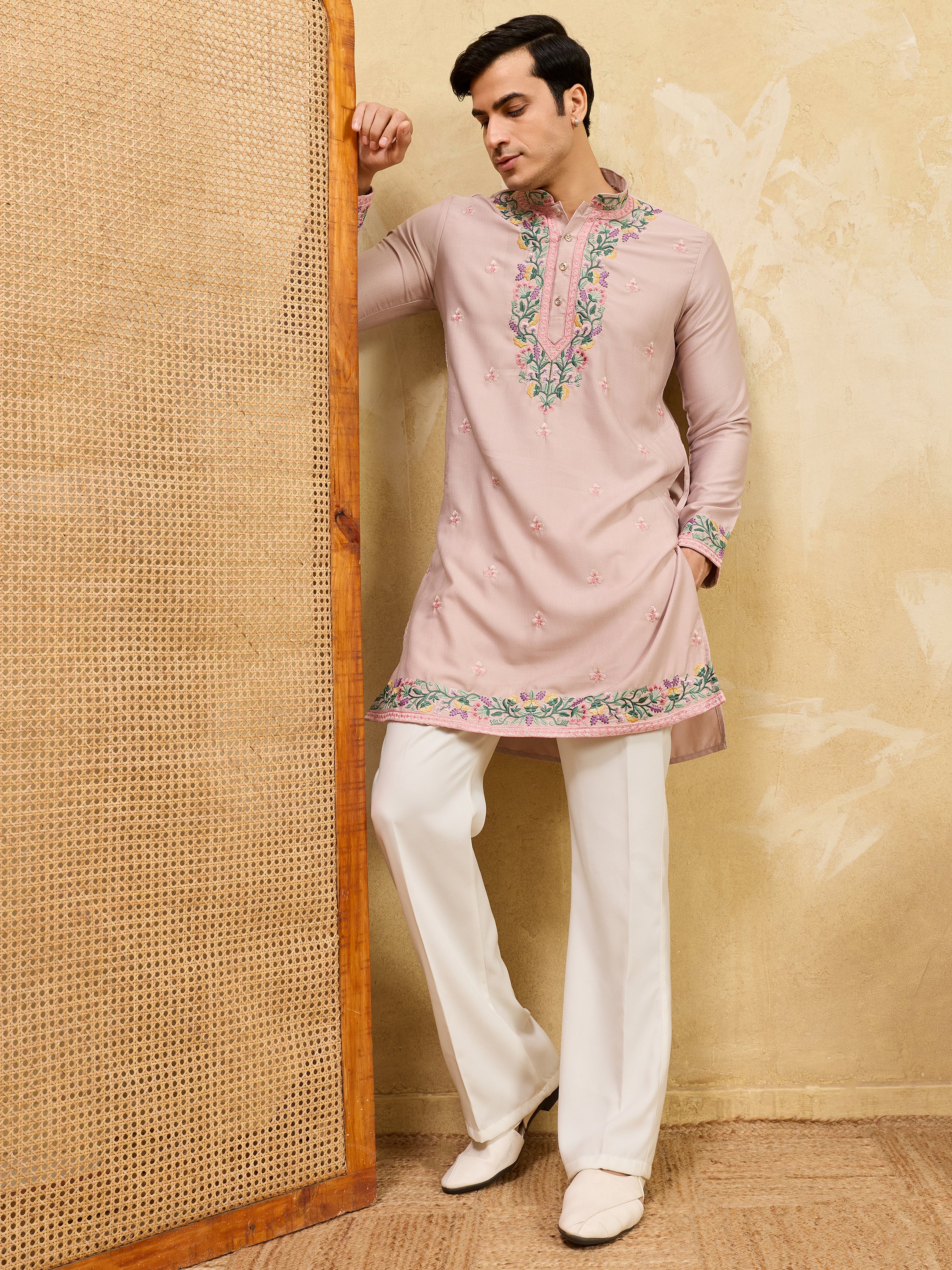 Outstanding Dusty Beige Thread Embroidered Silk Men’s Kurta