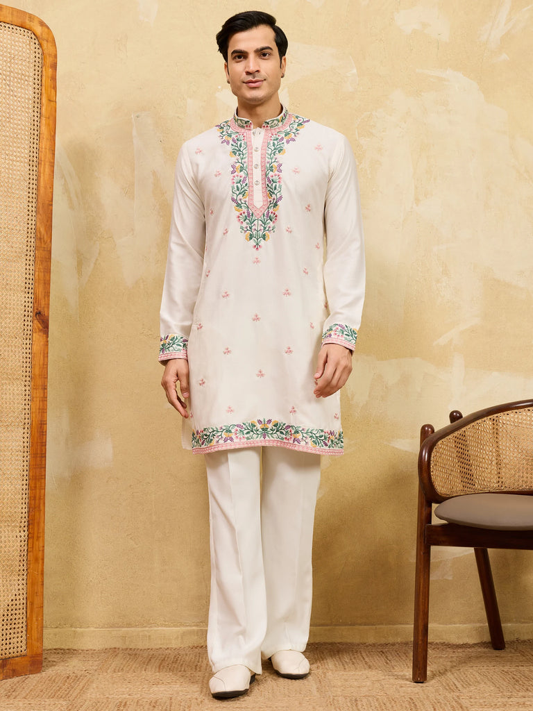 Attractive White Thread Embroidered Silk Festival Wear Men’s Kurta