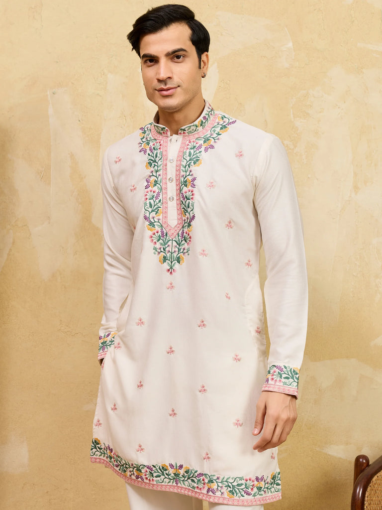Attractive White Thread Embroidered Silk Festival Wear Men’s Kurta