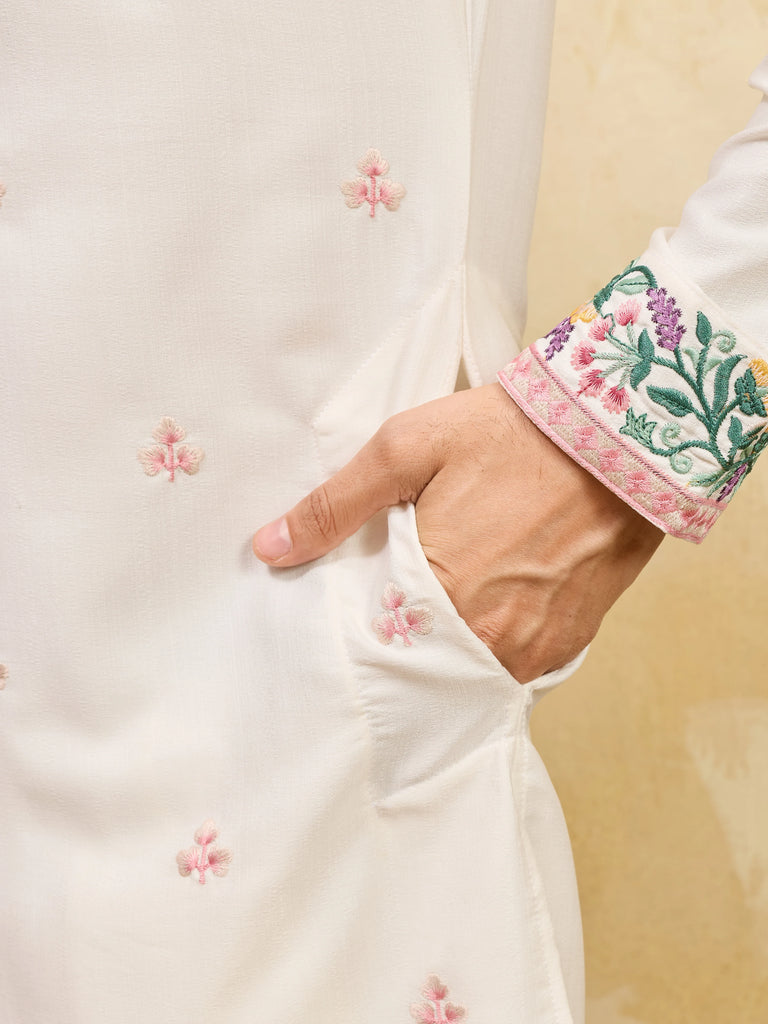 Attractive White Thread Embroidered Silk Festival Wear Men’s Kurta