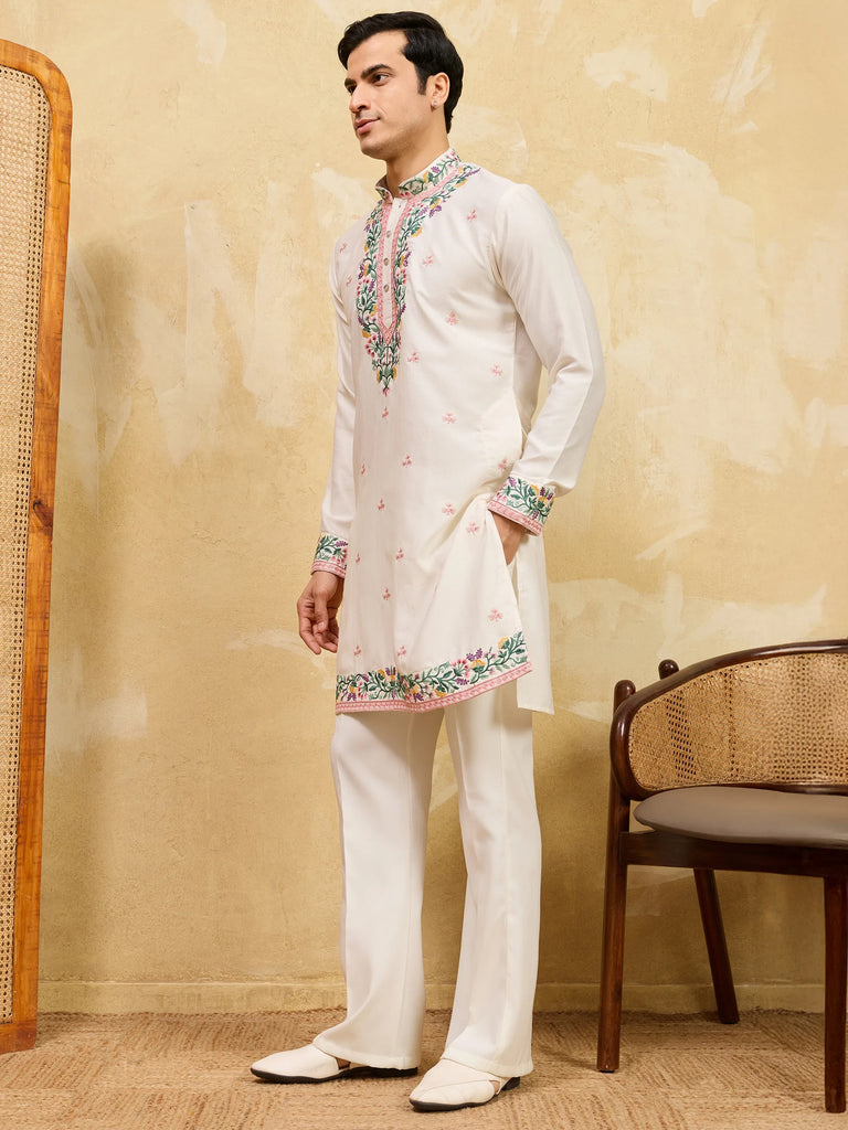 Attractive White Thread Embroidered Silk Festival Wear Men’s Kurta