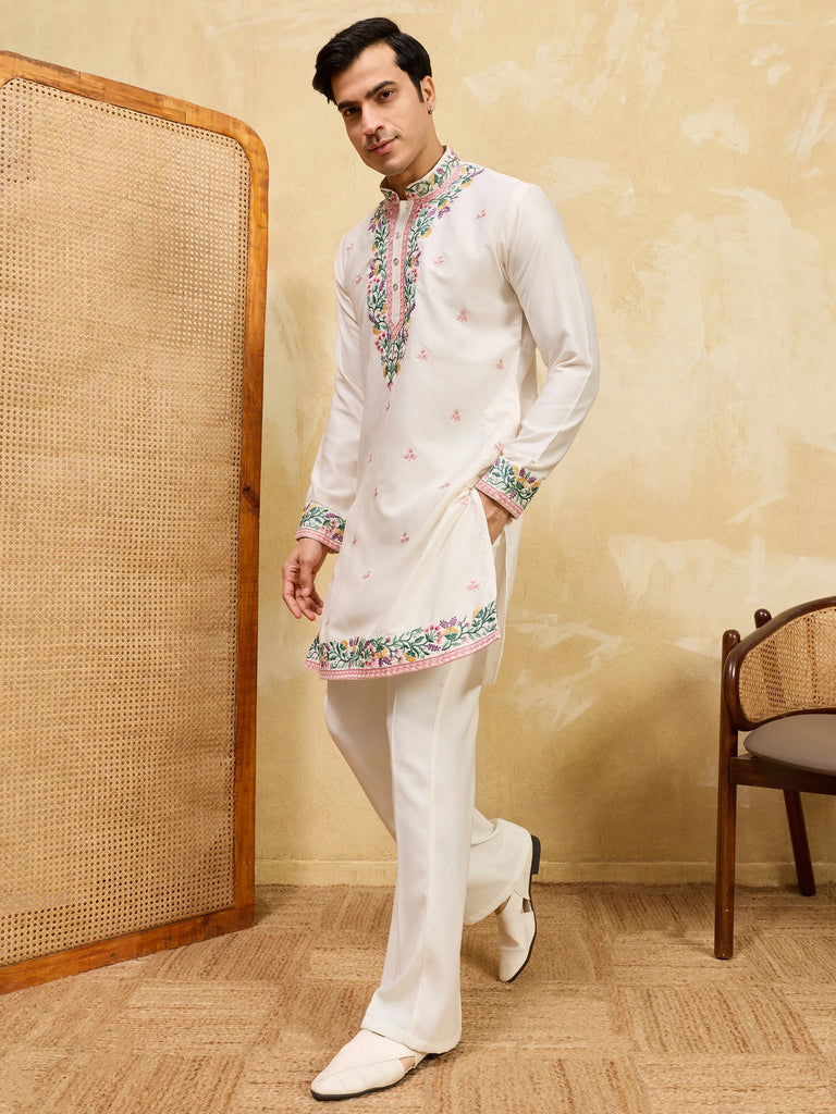 Attractive White Thread Embroidered Silk Festival Wear Men’s Kurta