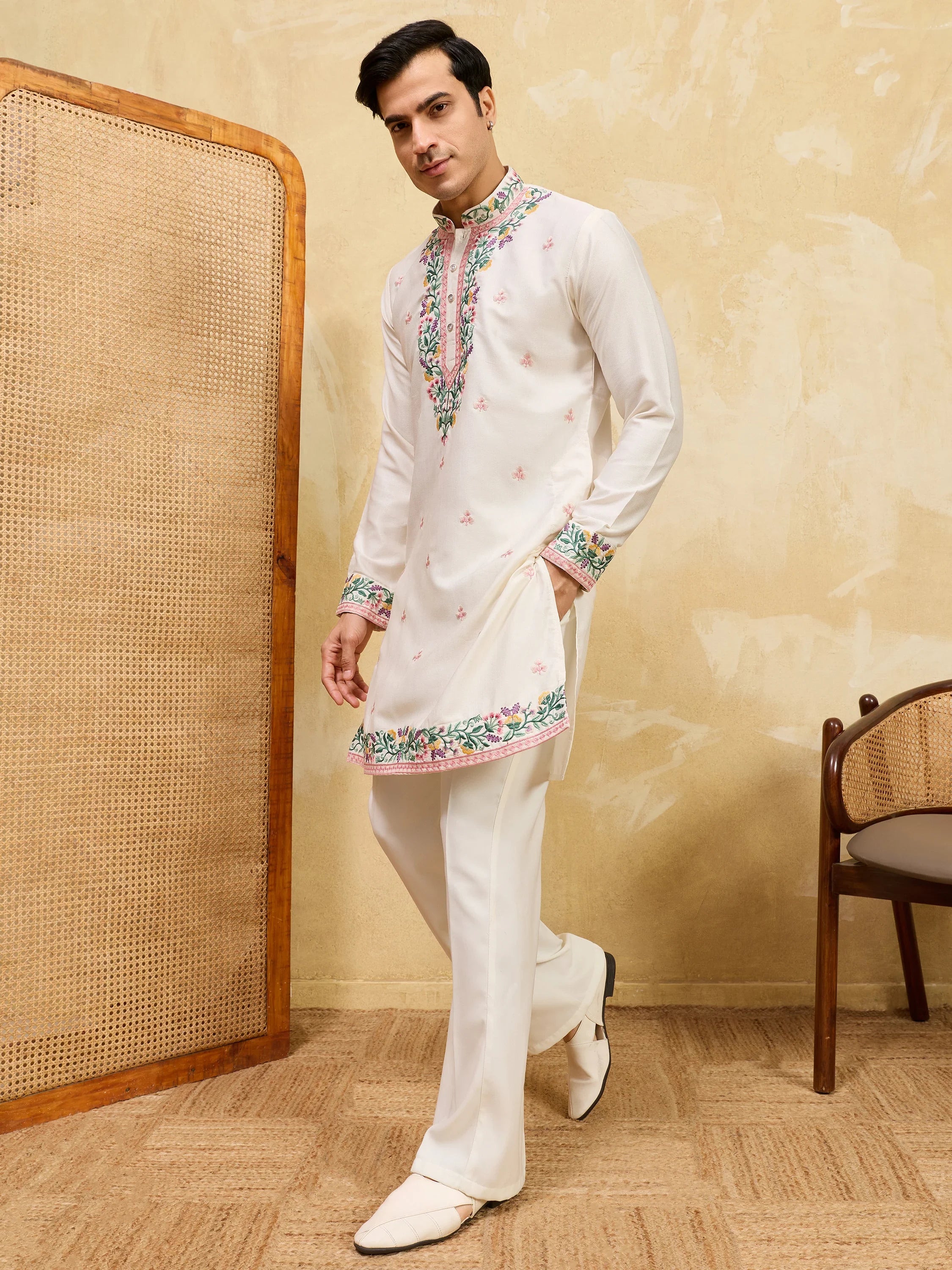 Attractive White Thread Embroidered Silk Festival Wear Men’s Kurta