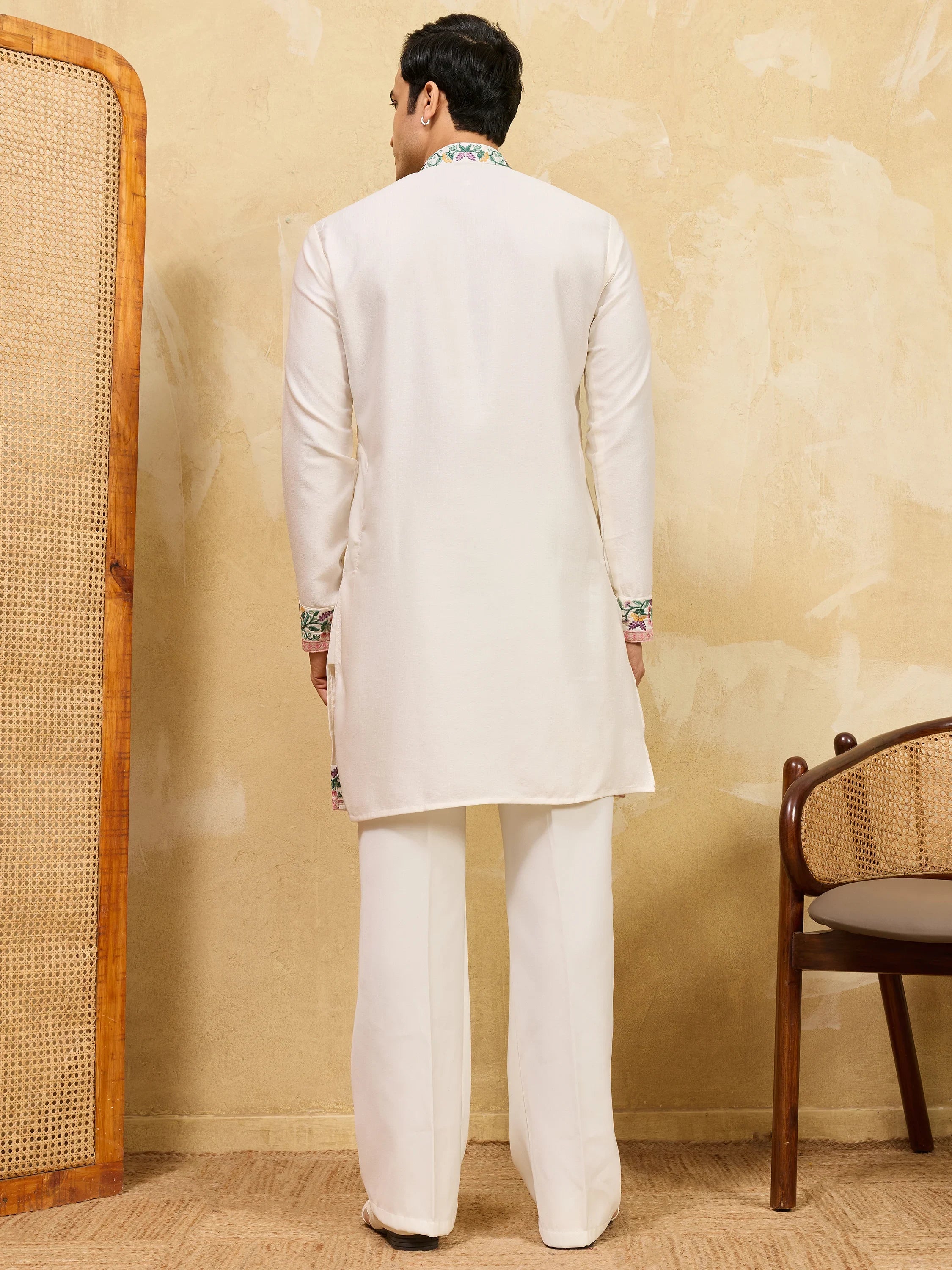 Attractive White Thread Embroidered Silk Festival Wear Men’s Kurta