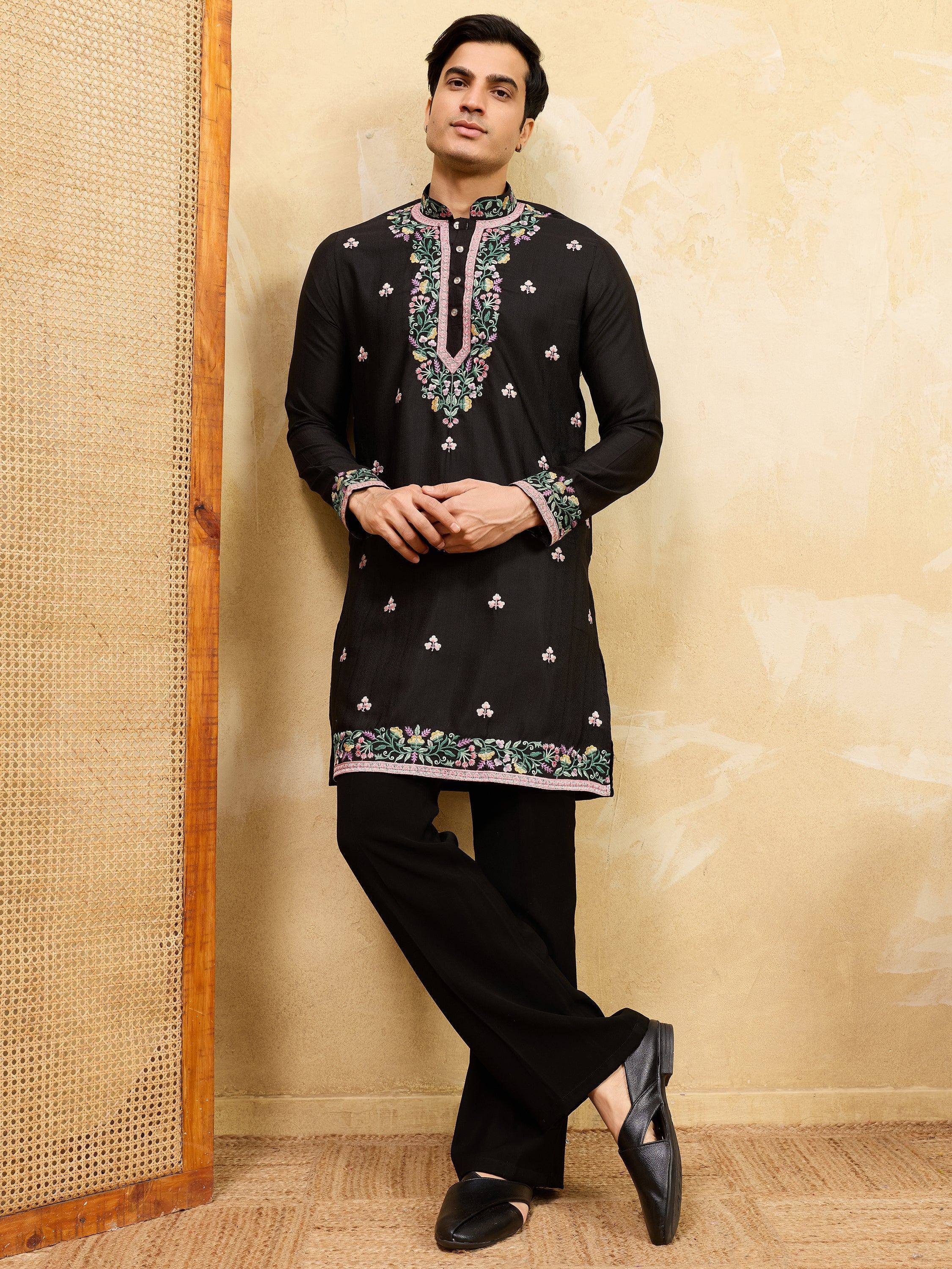 Mesmerizing Black Thread Embroidered Silk Wedding Wear Men’s Kurta