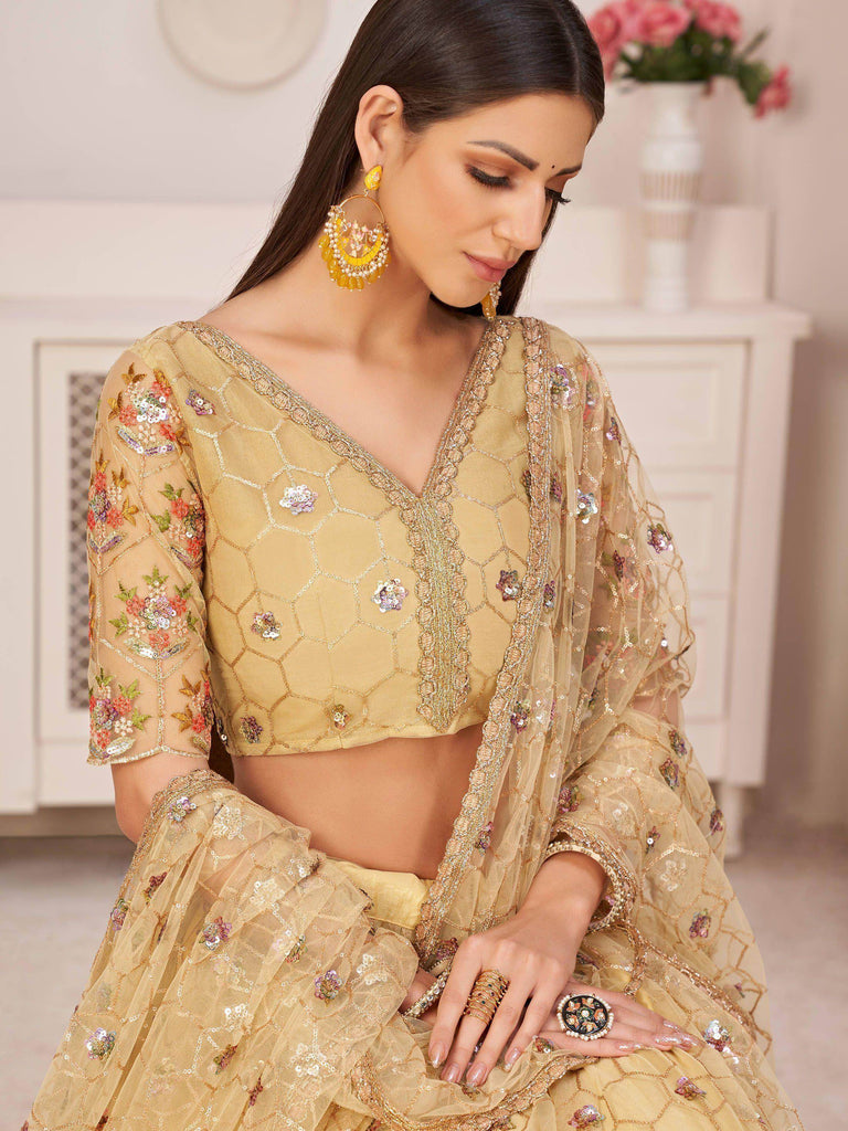 Outstanding Yellow Thread Embroidered Net Festive Wear Lehenga Choli