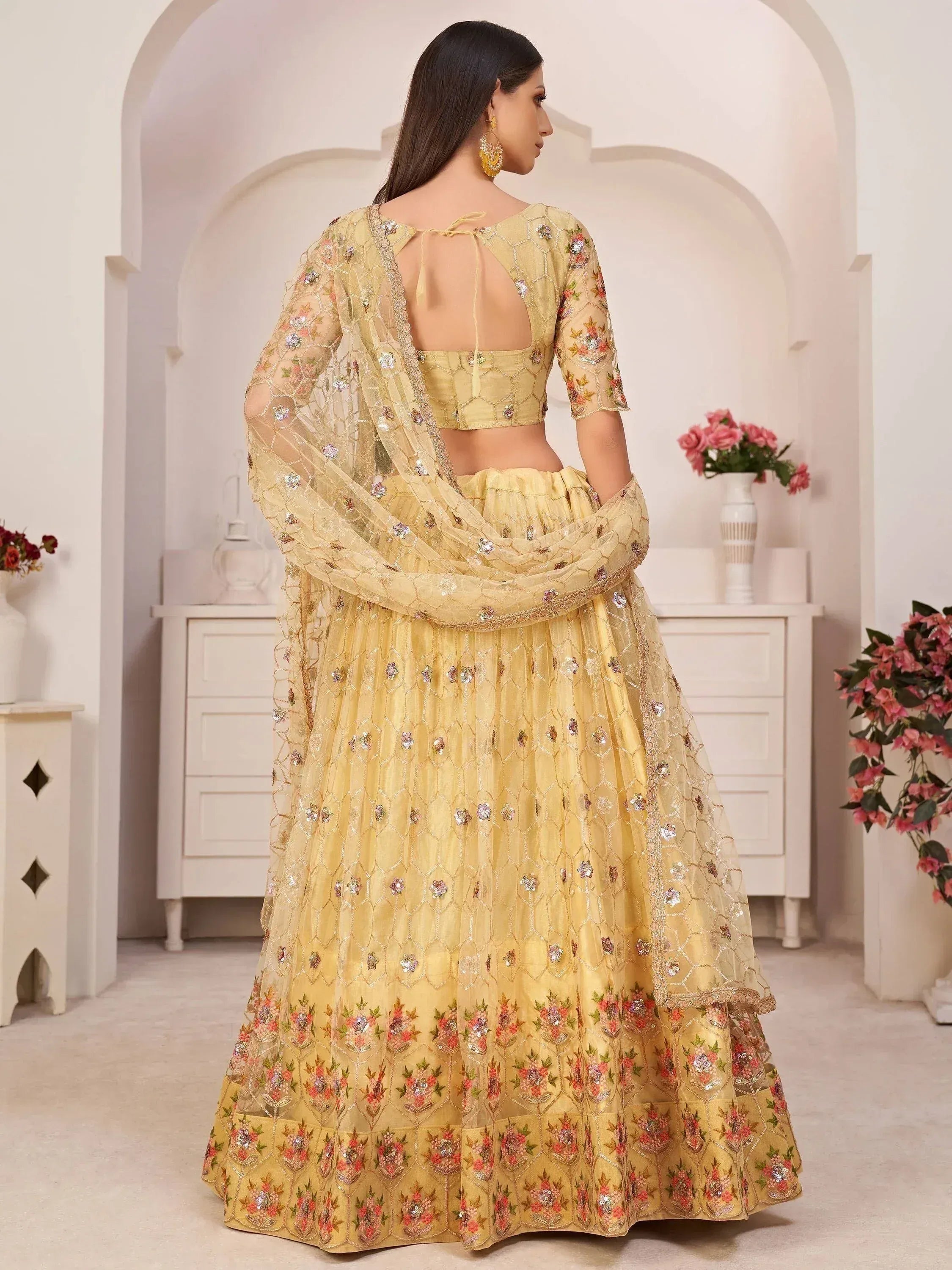Yellow floral embroidered lehenga choli with sheer dupatta, Indian ethnic wear for weddings and festivals