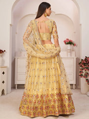 Outstanding Yellow Thread Embroidered Net Festive Wear Lehenga Choli