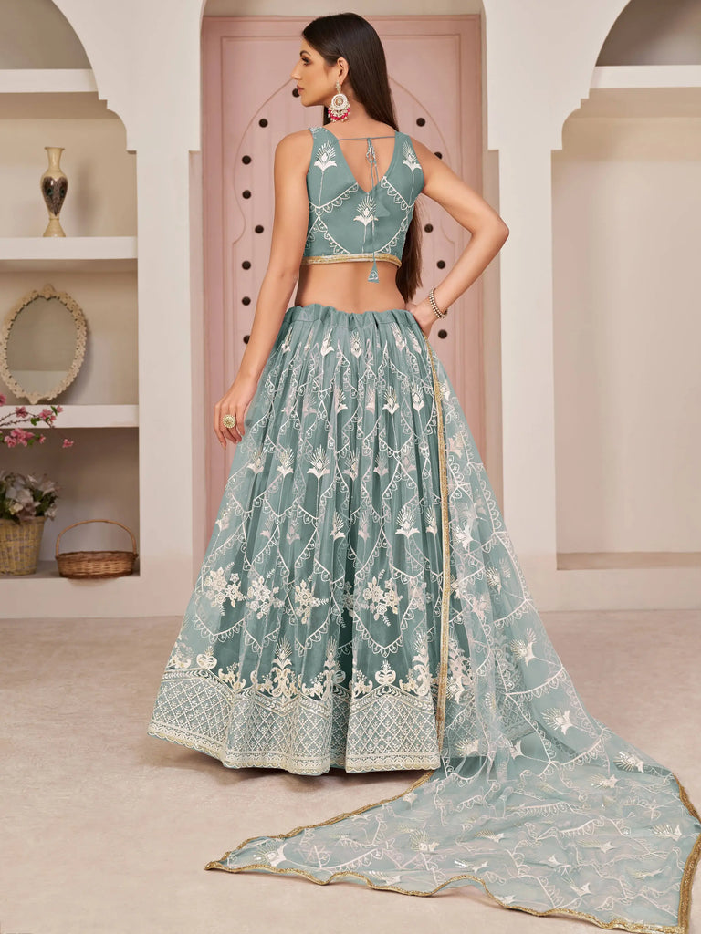 Attractive Sea-Blue Thread Embroidered Net Lehenga Choli