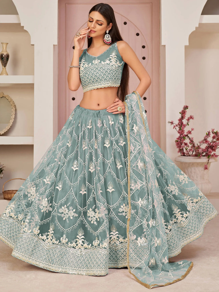 Attractive Sea-Blue Thread Embroidered Net Lehenga Choli