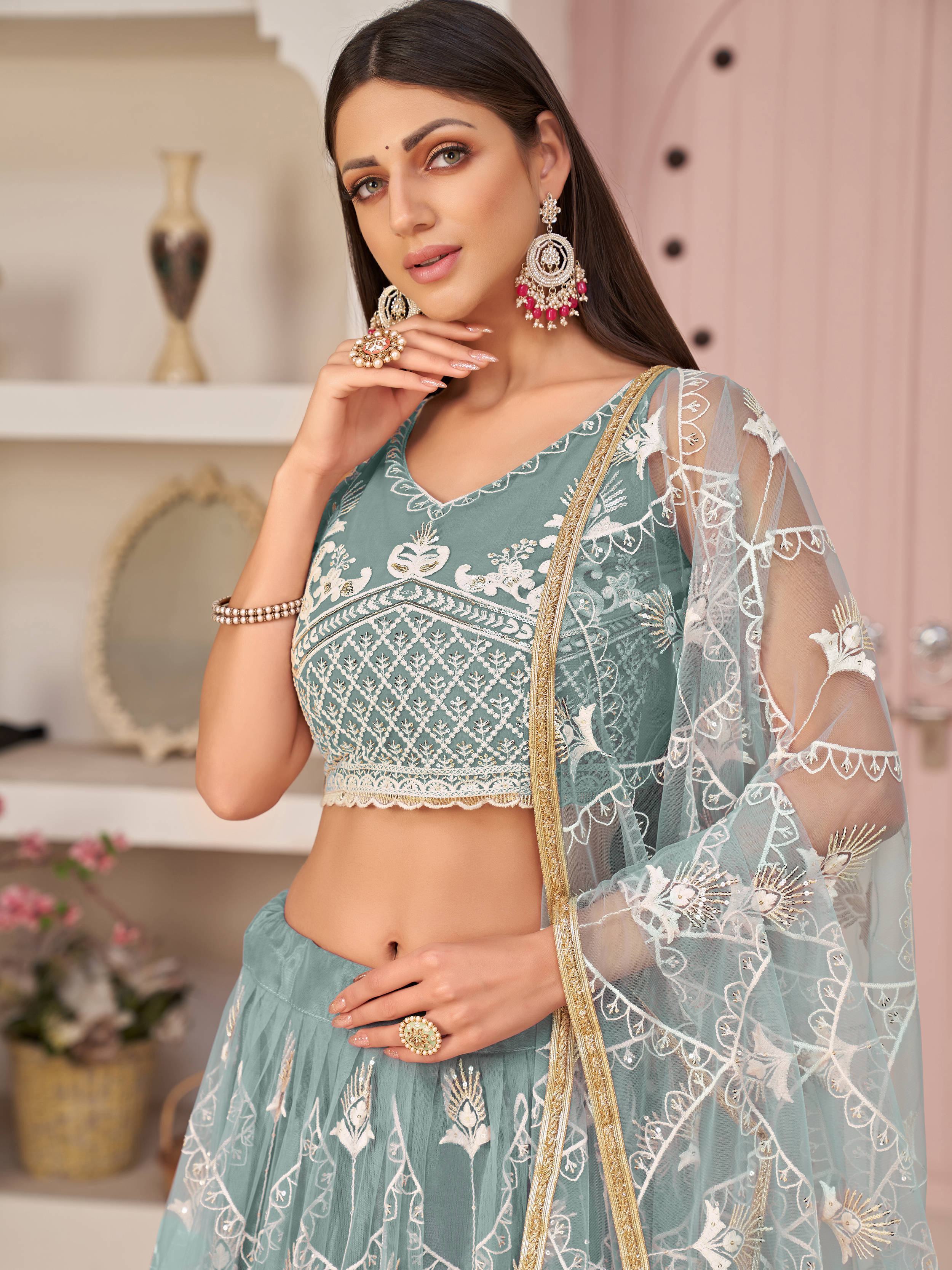 Attractive Sea-Blue Thread Embroidered Net Lehenga Choli