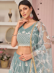 Attractive Sea-Blue Thread Embroidered Net Lehenga Choli