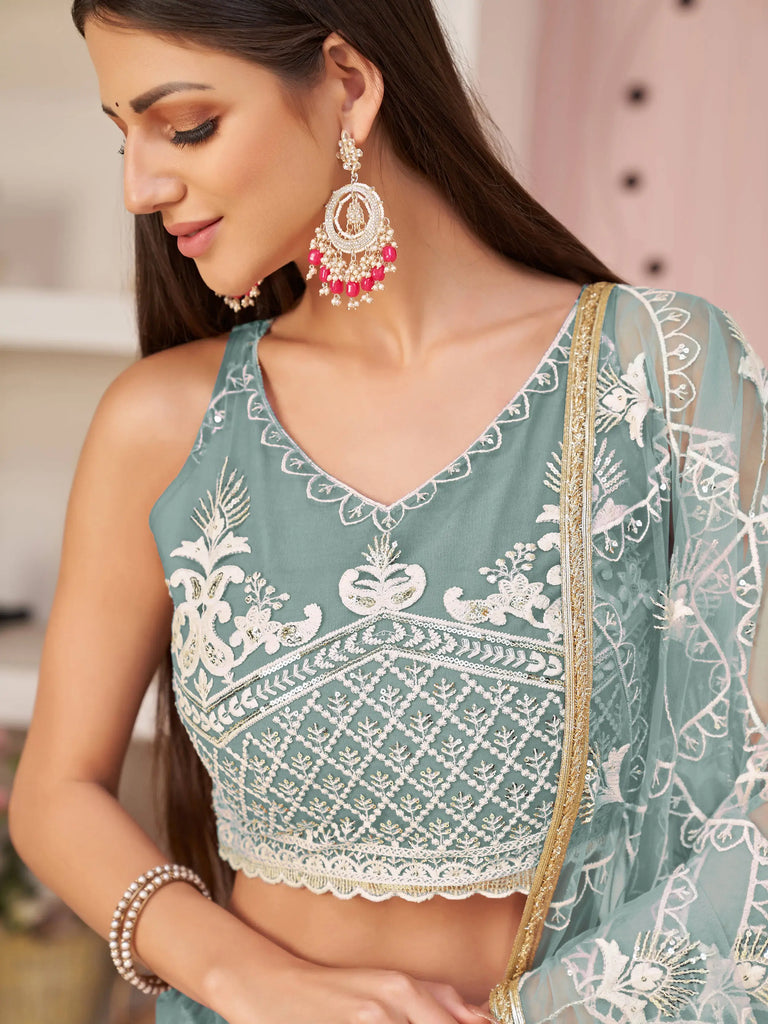 Attractive Sea-Blue Thread Embroidered Net Lehenga Choli